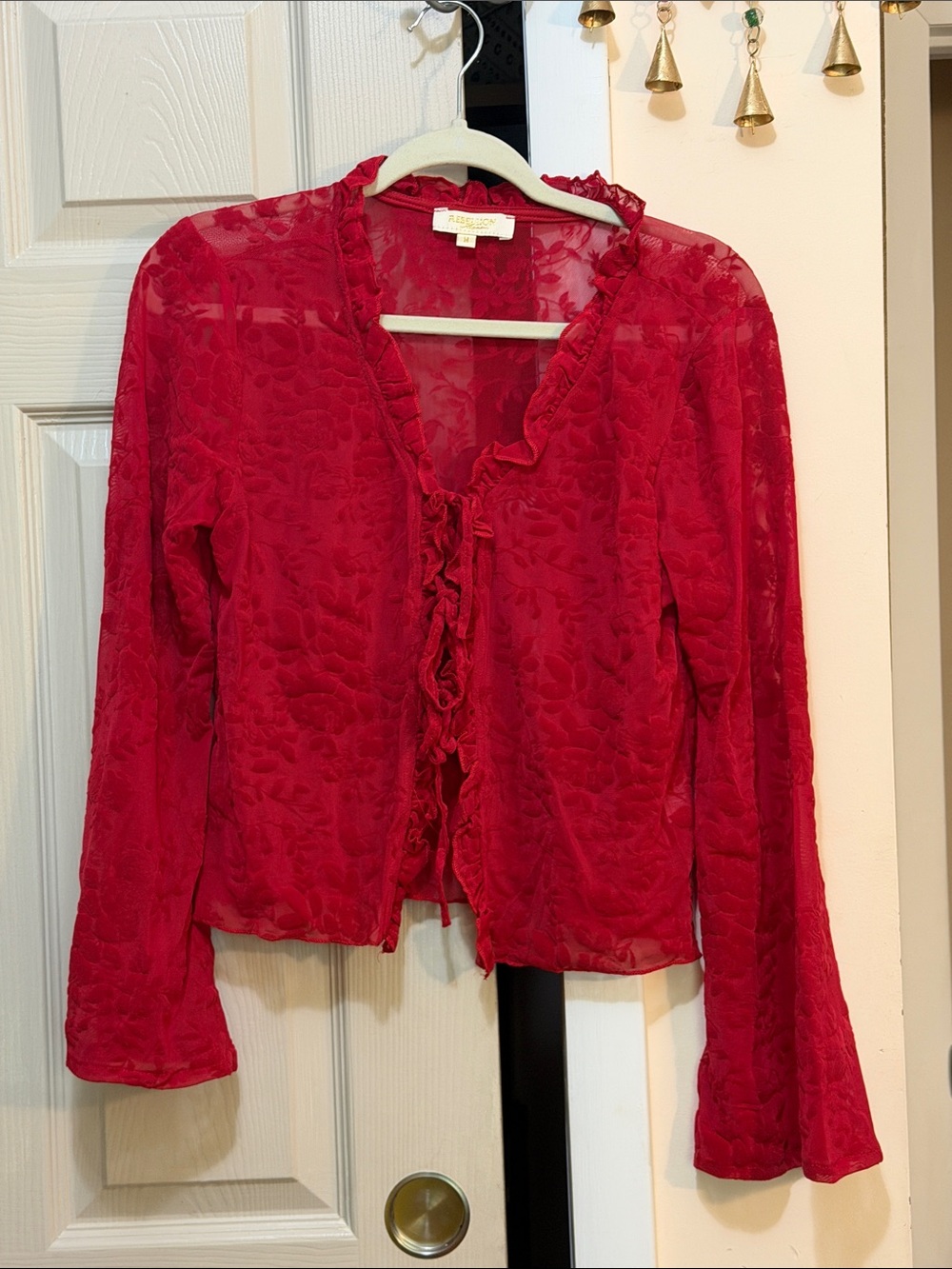 Rebellious One Red Ruffle-Trim Sheer Blouse